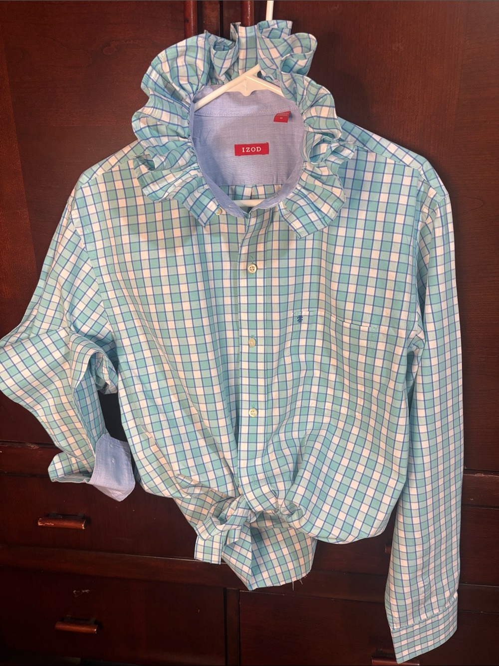 Upcycled/Reloved Izod Aqua/White Plaid Ruffle Collar Shirt
